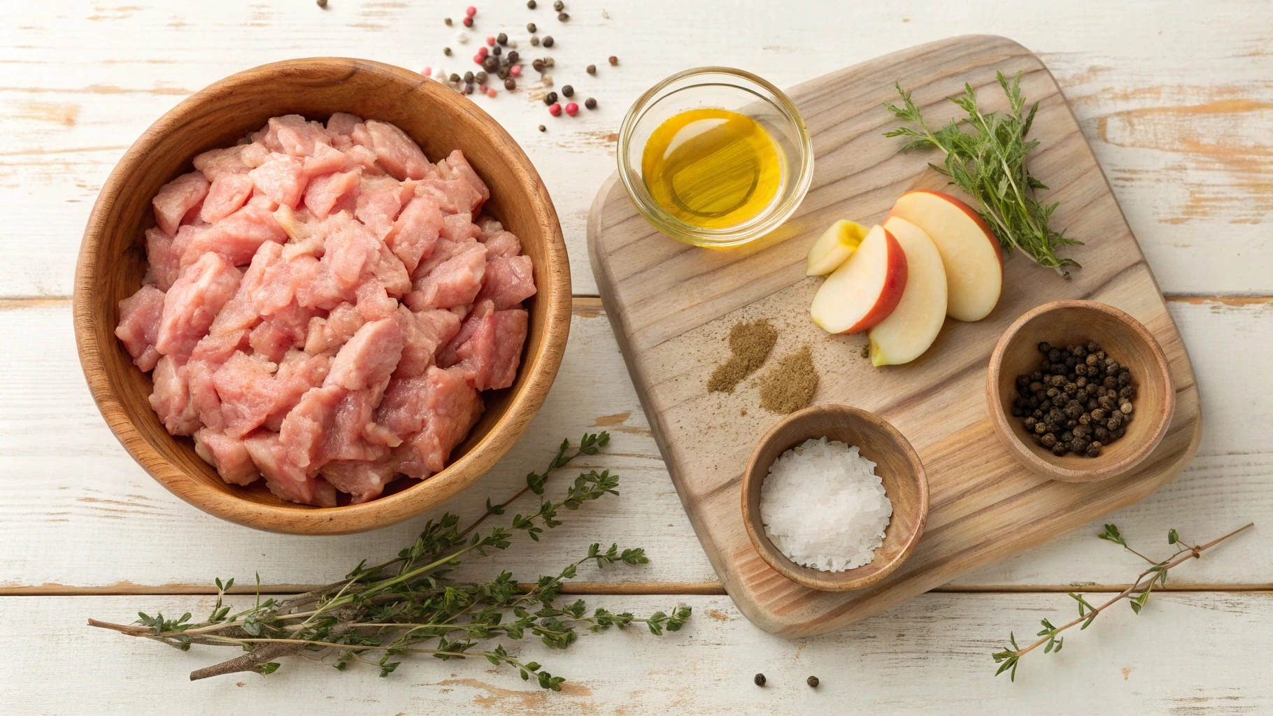 Fresh ingredients for homemade chicken apple sausage, including raw chicken breast, crisp apples, fresh thyme, garlic, and spices, arranged on a wooden cutting board.