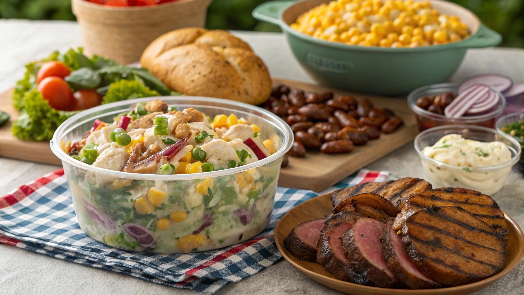 Loaded Baked Potato Salad served with grilled meats, fresh veggies, coleslaw, baked beans, and grilled corn, set in an outdoor picnic table scene.