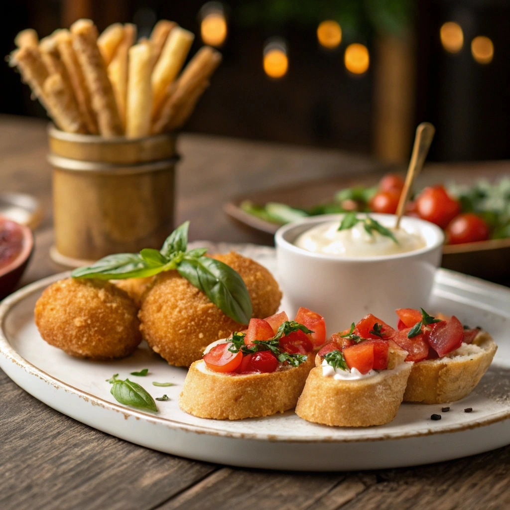 A beautifully plated appetizer with bruschetta, arancini, and a creamy dip on a rustic wooden table.