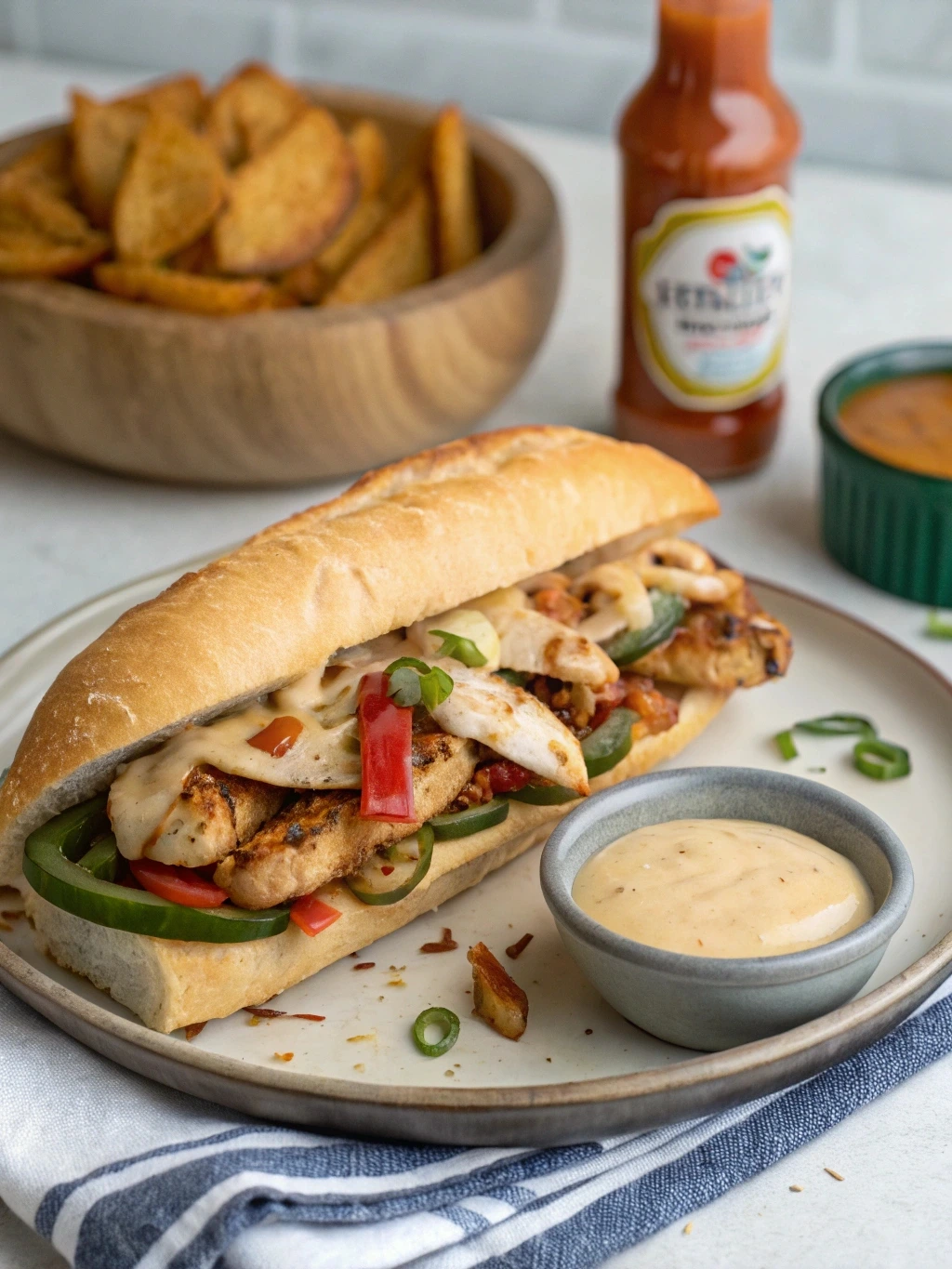 A chicken cheesesteak sandwich served with a side of flavorful sauces.