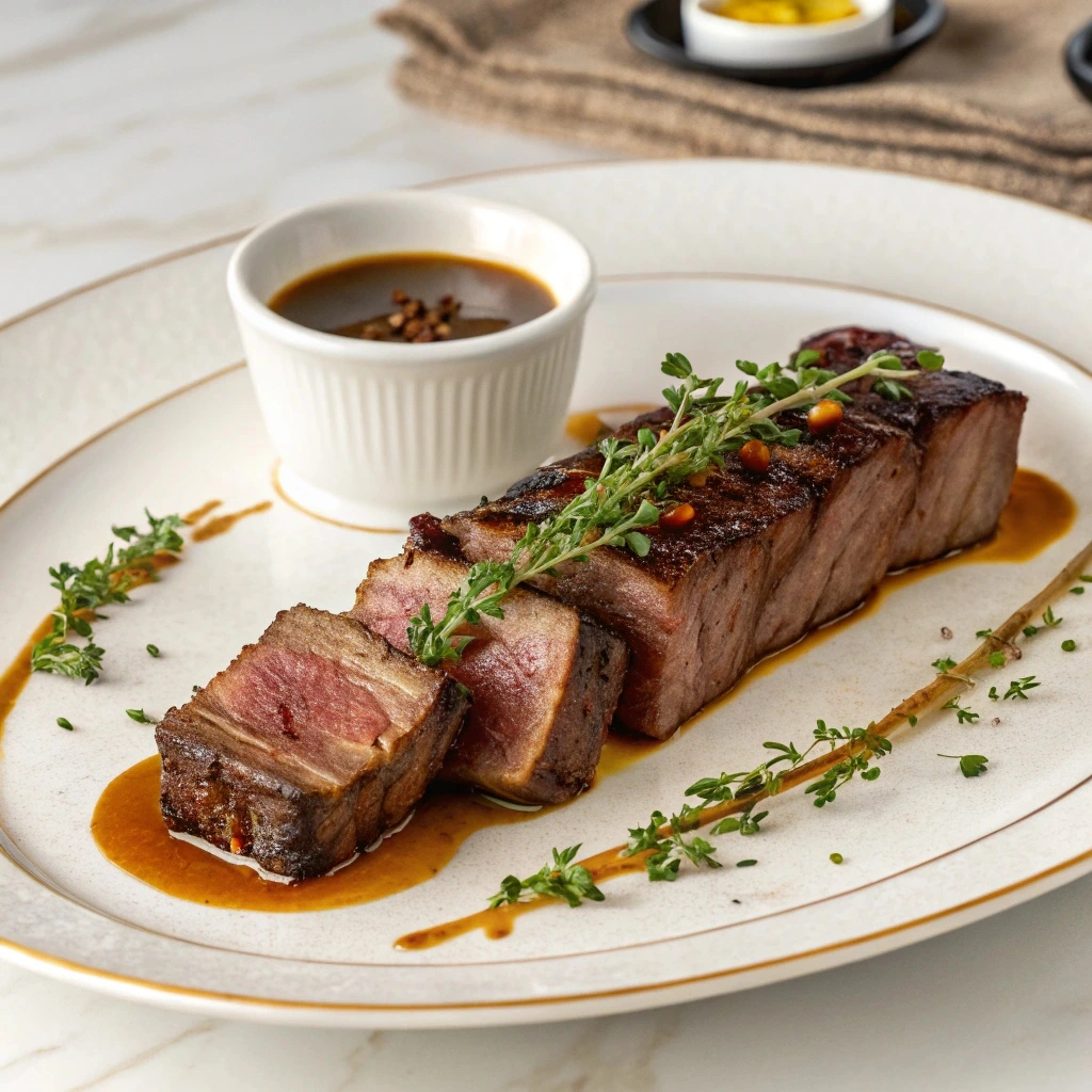 Boneless beef short ribs elegantly plated on a large white platter with braising liquid, fresh thyme, and a small ramekin of sauce.