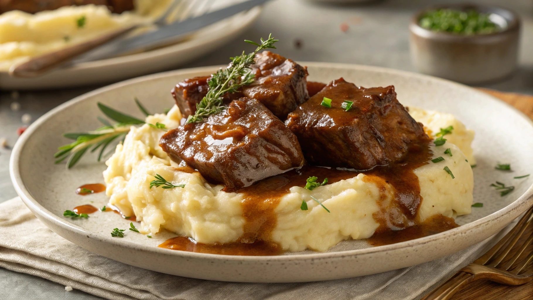 Boneless beef short ribs glazed in savory sauce, served with creamy mashed potatoes and fresh herbs on a rustic plate.