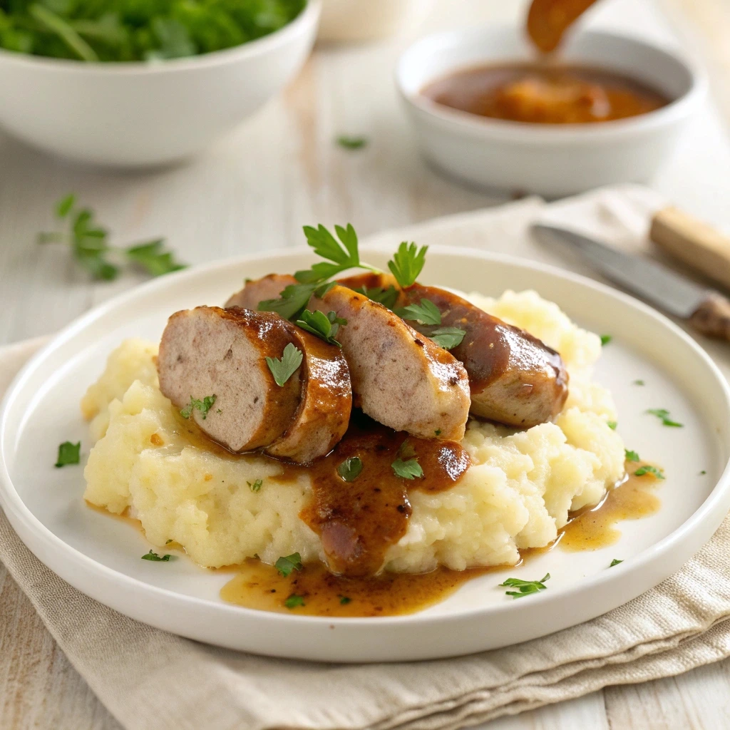 Homemade chicken apple sausage sliced on a plate with creamy mashed potatoes and savory gravy.