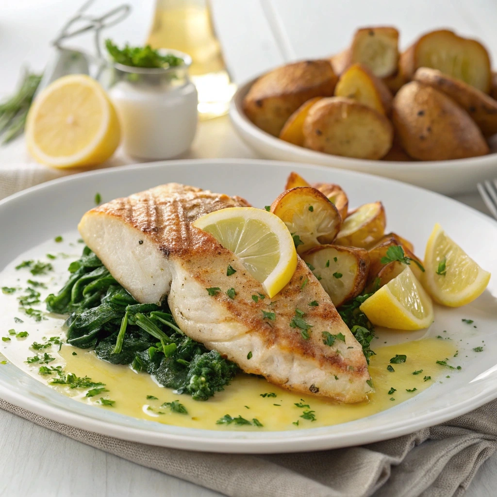 Grilled fish fillet with sautéed greens, roasted potatoes, and lemon butter sauce.