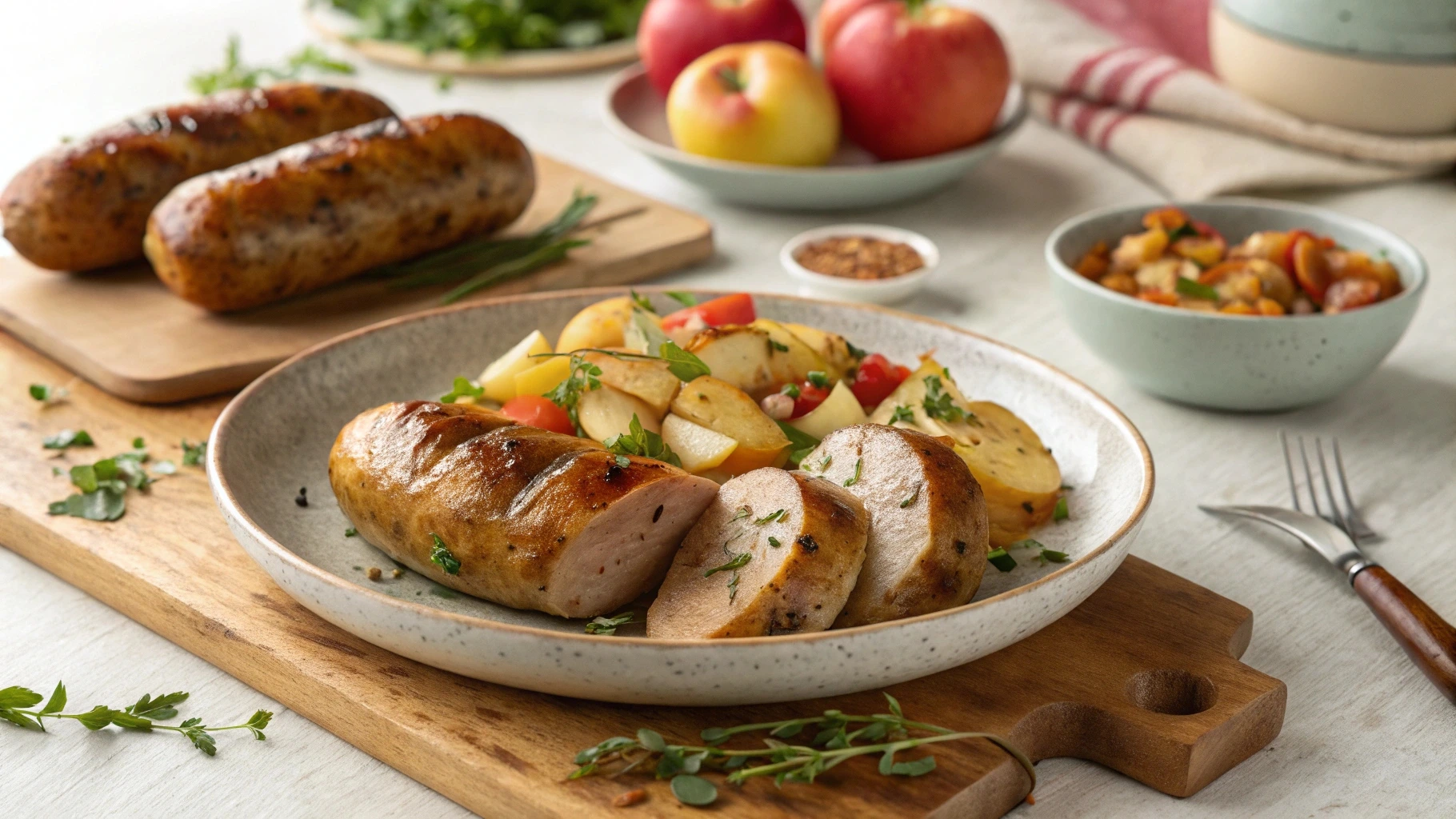 Golden-brown homemade chicken apple sausage sliced on a plate, garnished with fresh herbs, with a rustic kitchen background.