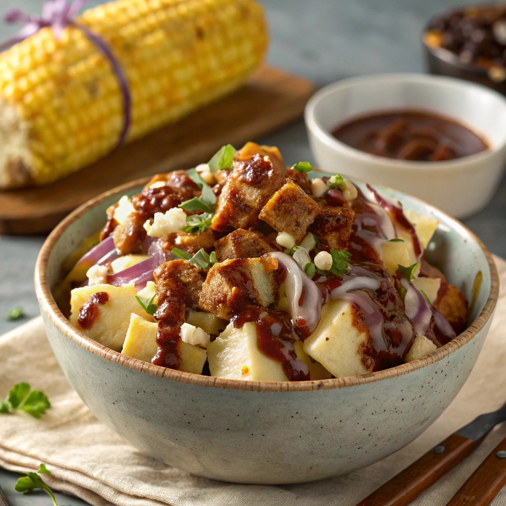 BBQ Loaded Baked Potato Salad with BBQ sauce, crispy bacon, diced onions, and creamy dressing, served with grilled corn on the cob.