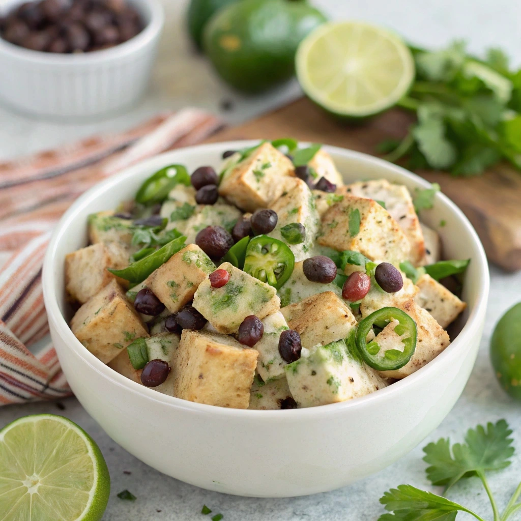 Spicy Loaded Baked Potato Salad with diced jalapenos, black beans, cumin, and creamy dressing, served in a rustic white bowl with fresh cilantro and lime wedges.