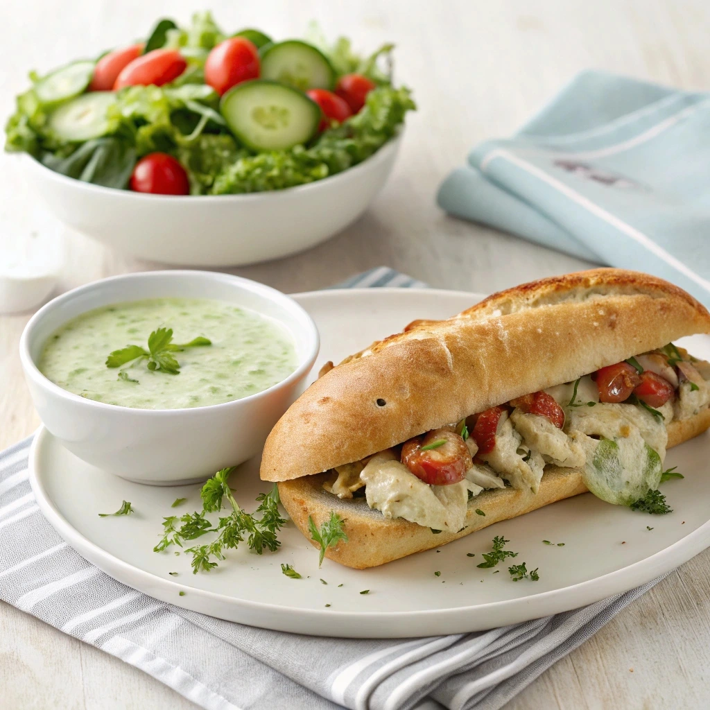 Chicken cheesesteak with a fresh salad and herb-yogurt sauce.
