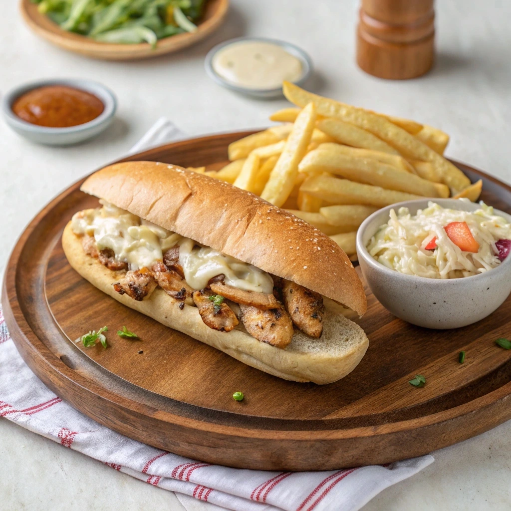 Chicken cheesesteak with crispy fries and coleslaw