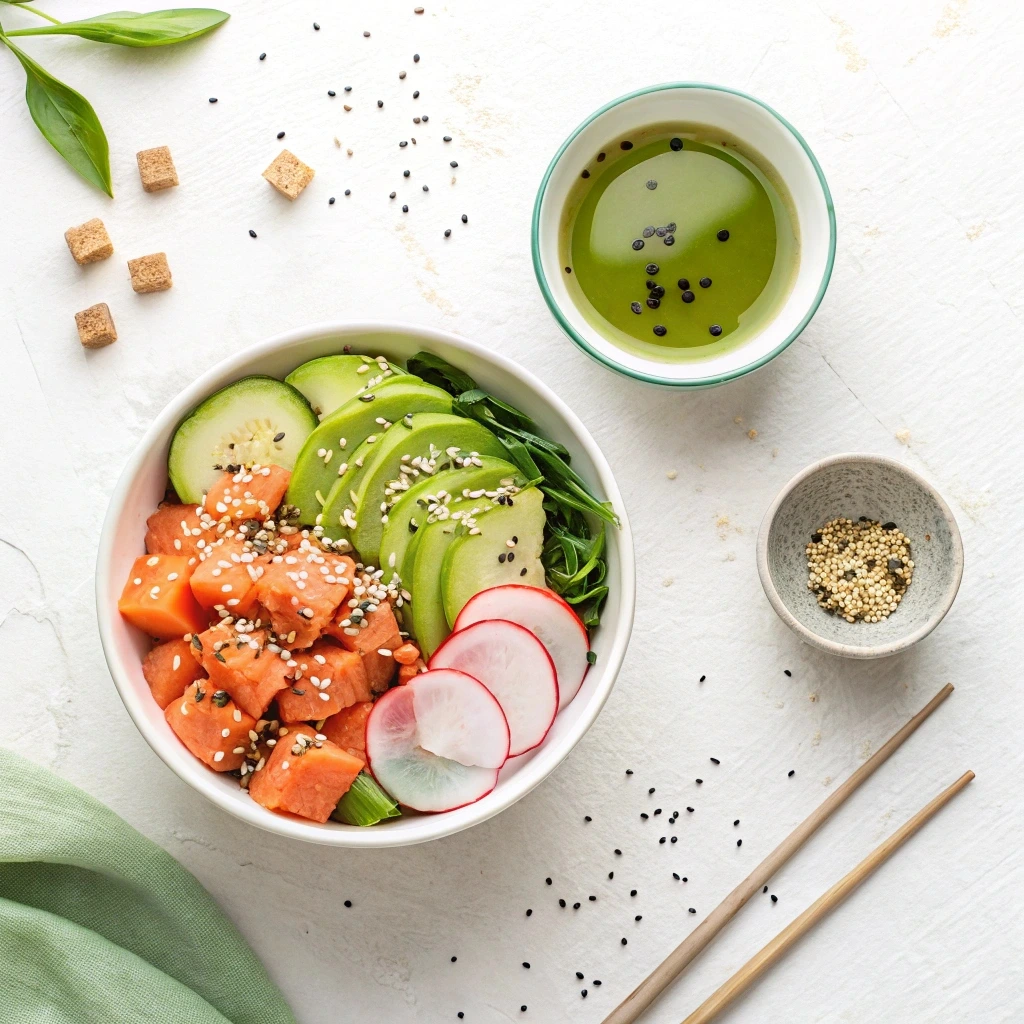 A salmon poke bowl topped with toasted sesame seeds, served alongside a cup of green tea, with fresh ingredients like avocado, cucumber, radishes, and a drizzle of soy sauce.