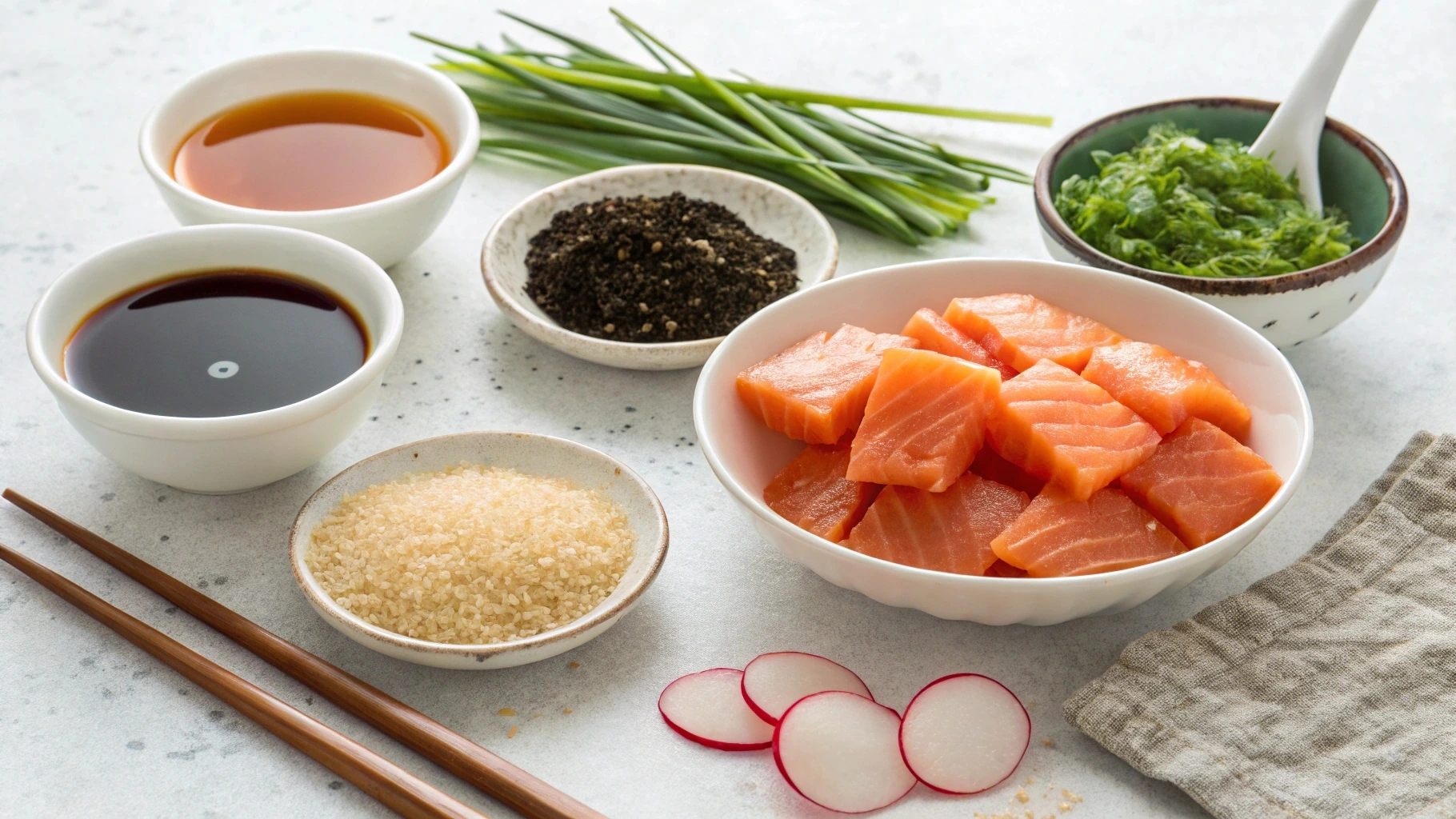 Marinade ingredients for a salmon poke bowl, including soy sauce, sesame oil, sugar, seaweed, scallions, and radishes, displayed separately in small bowls.