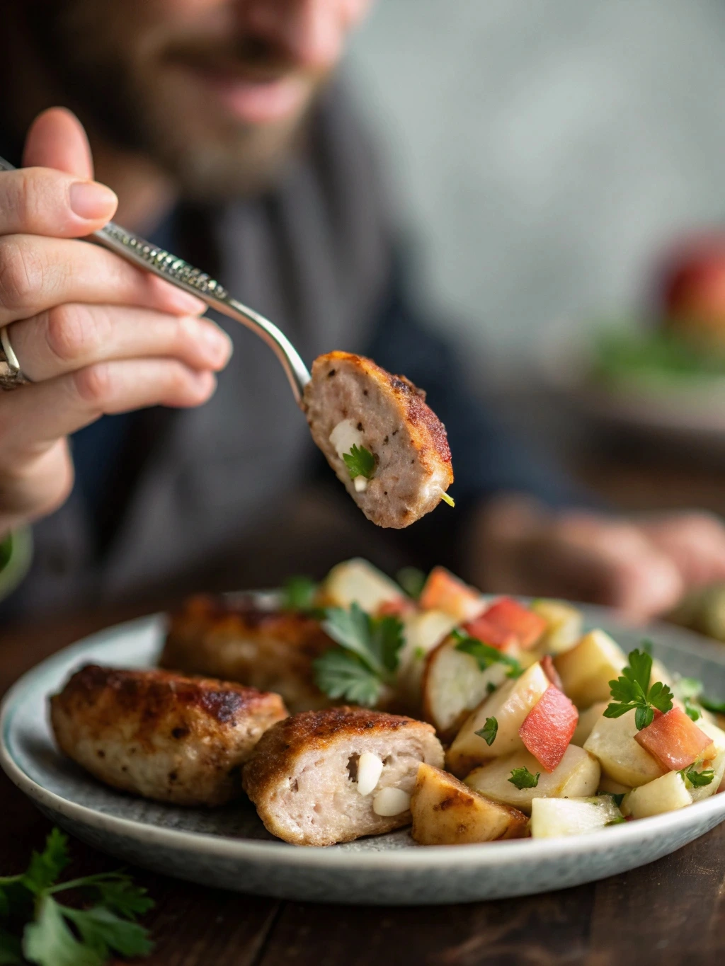 person enjoying a bite of homemade chicken apple sausage, with the focus on their hand holding a fork and a perfectly cut piece of sausage.
