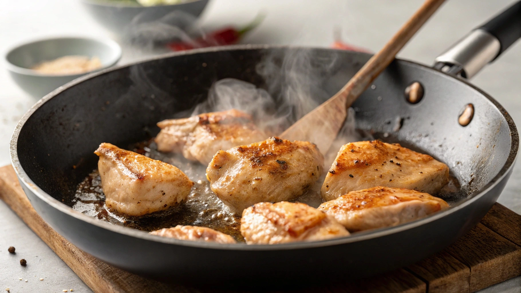 Small, chopped chicken pieces being sautéed in a skillet, golden-brown and ready for a chicken cheesesteak.
