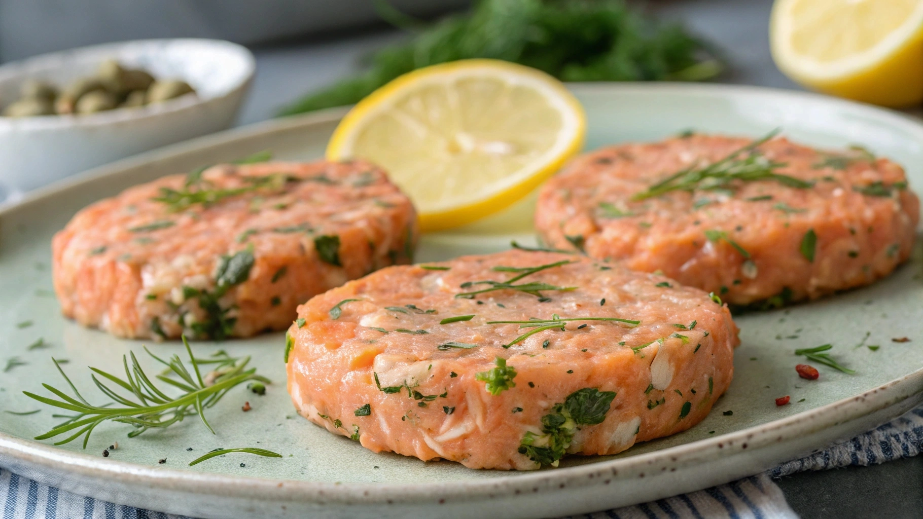Uncooked marinated salmon patties, resting on a plate, showcasing a blend of vibrant herbs and spices, ready to be grilled or pan-fried.