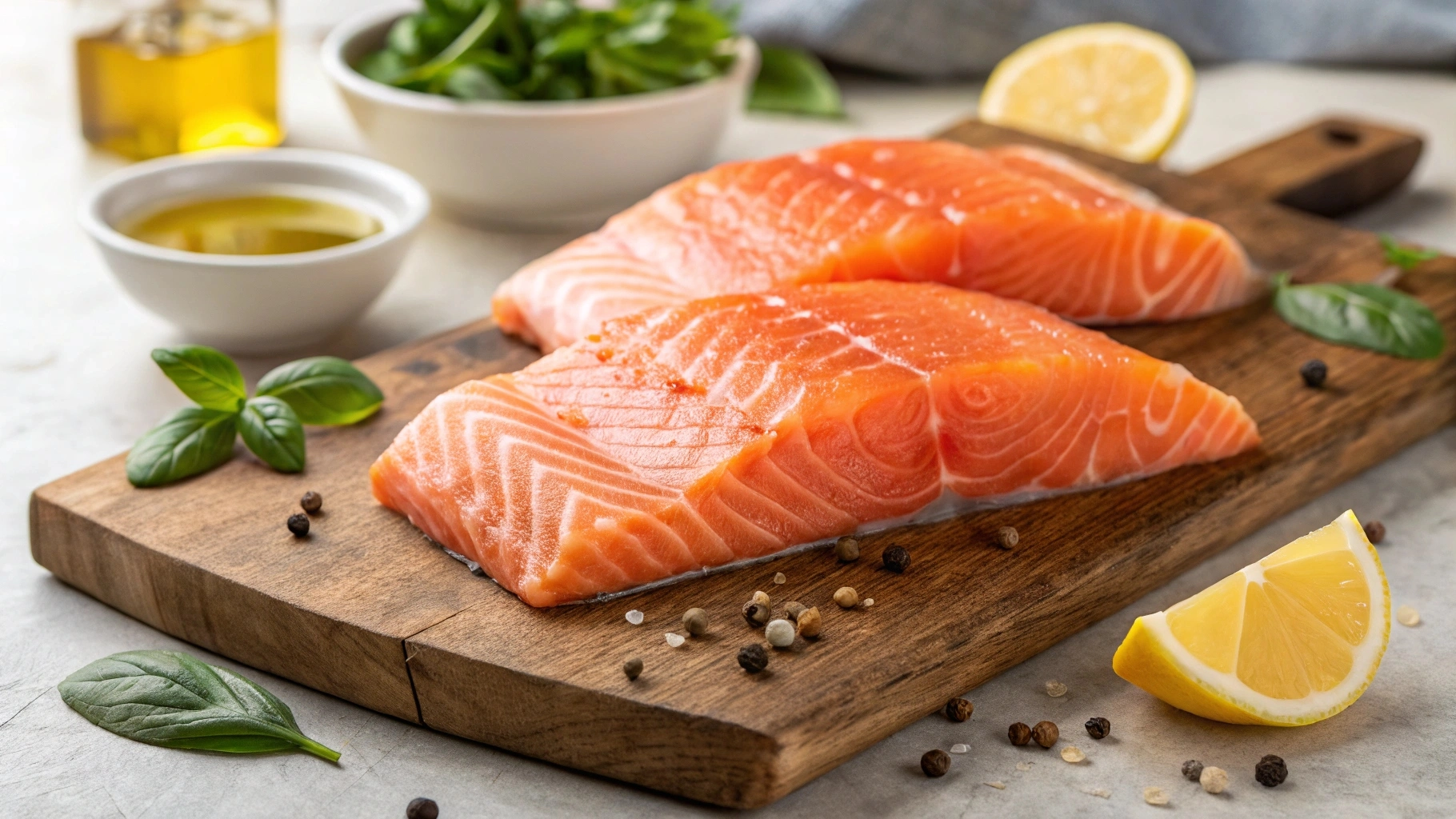 Fresh raw salmon fillets on a wooden cutting board with lemon slices, basil, and olive oil.