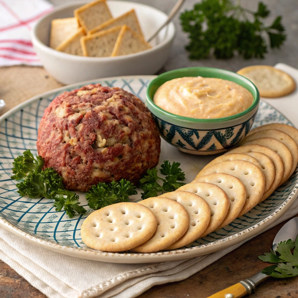 Dried Beef Cheese Ball served on a decorative plate with crackers, baguette slices, and dipping sauce.