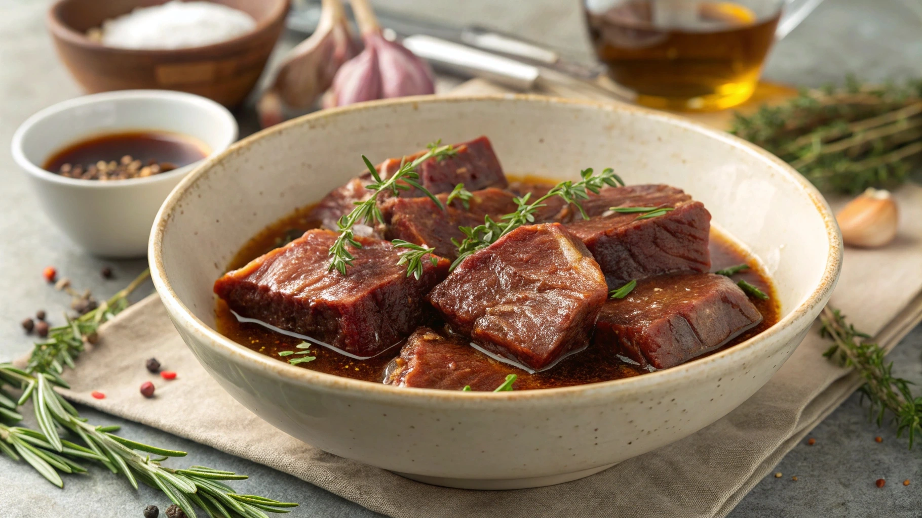 Boneless beef short ribs being marinated in a bowl with a mixture of olive oil, garlic, soy sauce, honey, and fresh herbs.