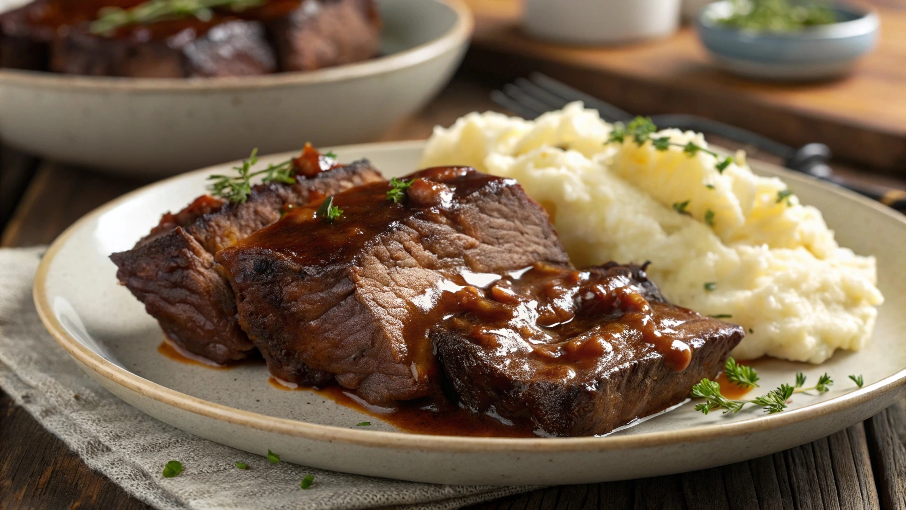 Tender boneless beef short ribs with a glossy sauce, served with creamy mashed potatoes and garnished with fresh herbs.