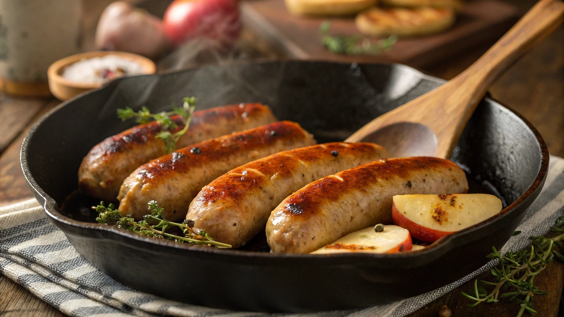 Homemade chicken apple sausage sizzling in a cast-iron skillet, golden brown with fresh thyme and apple slices cooking alongside.