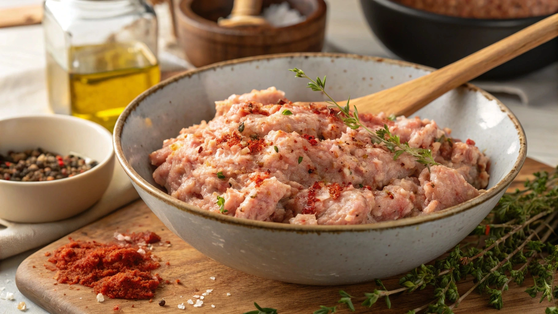A wooden bowl filled with sausage seasoning, including spices and dried herbs, with a spoon sprinkling it over raw chicken apple sausage.