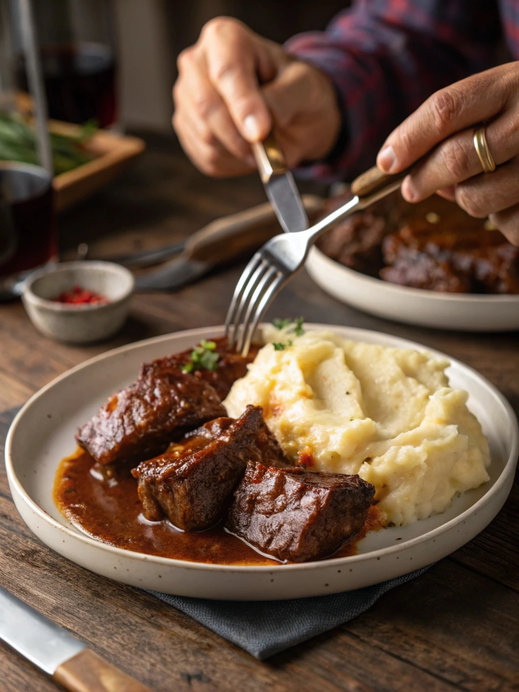A pair of hands holding a fork and knife, ready to enjoy boneless beef short ribs with creamy mashed potatoes.