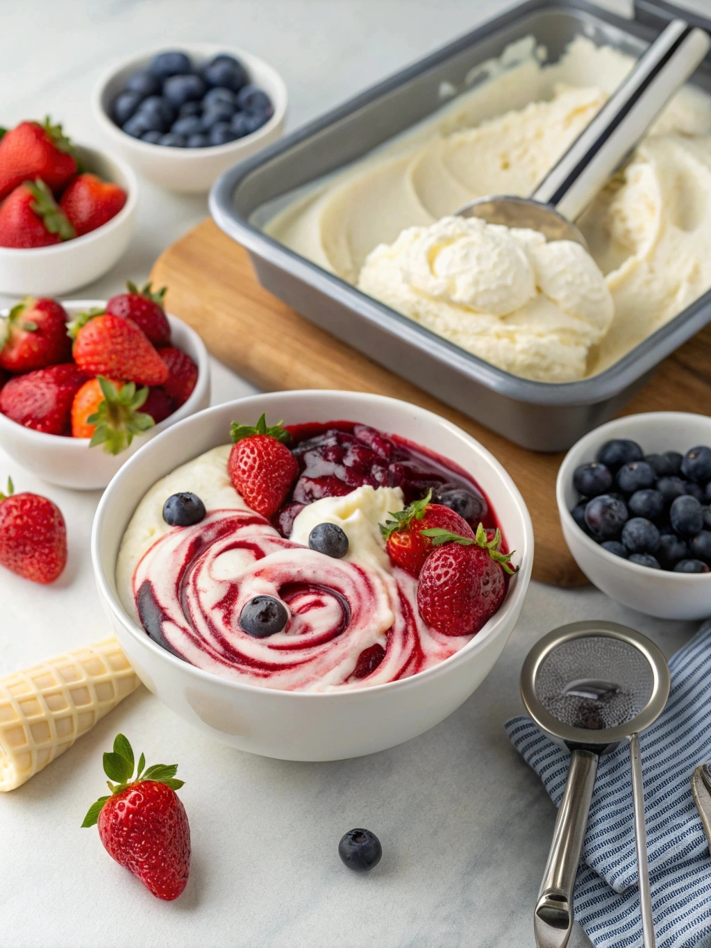 Creamy cheesecake ice cream with strawberry and blueberry swirls, surrounded by fresh strawberries, blueberries, and ingredients like cream cheese and heavy cream.