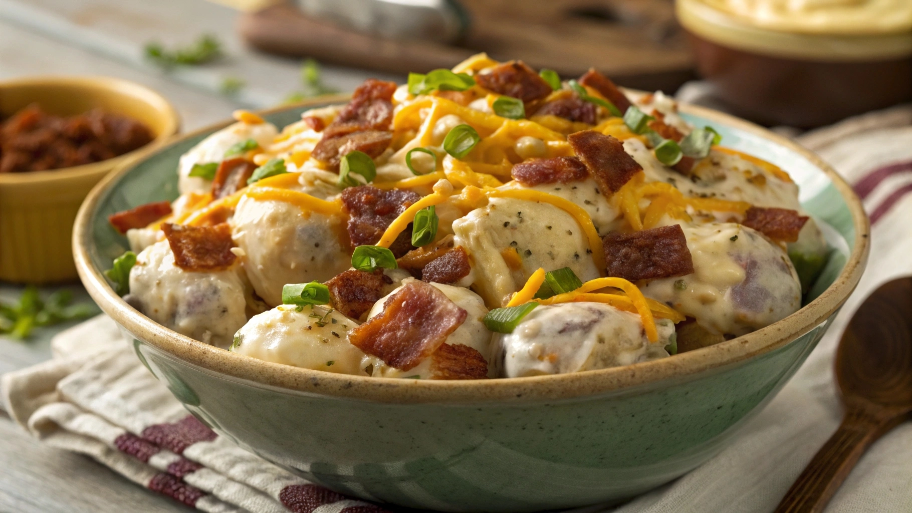 Loaded Baked Potato Salad with creamy dressing, crispy bacon, melted cheddar cheese, and green onions, served in a rustic bowl.