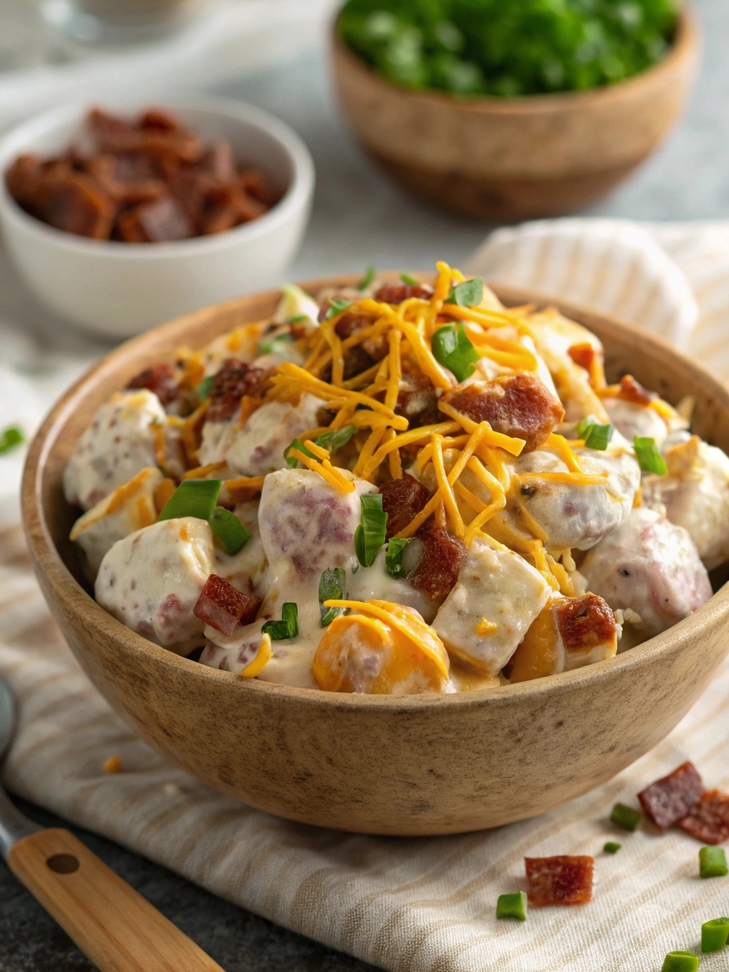 A variety of Loaded Baked Potato Salad bowls with different variations: spicy with jalapenos, black beans, and cumin; BBQ with bacon and onions; and creamy with ranch, bacon, and cheddar cheese, served outdoors with fresh vegetables and cheeses.