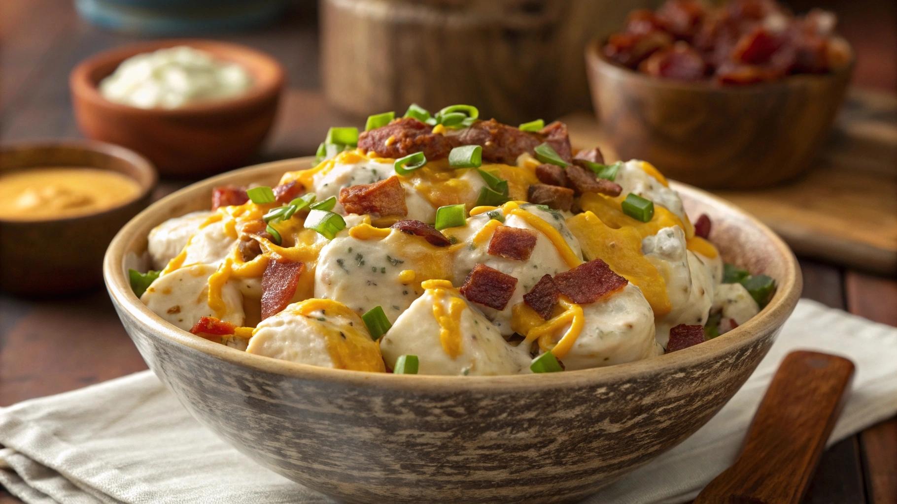 Loaded Baked Potato Salad with small chunks of baked potatoes, crispy bacon, shredded cheddar cheese, and green onions in a creamy dressing, garnished with extra bacon and cheese.