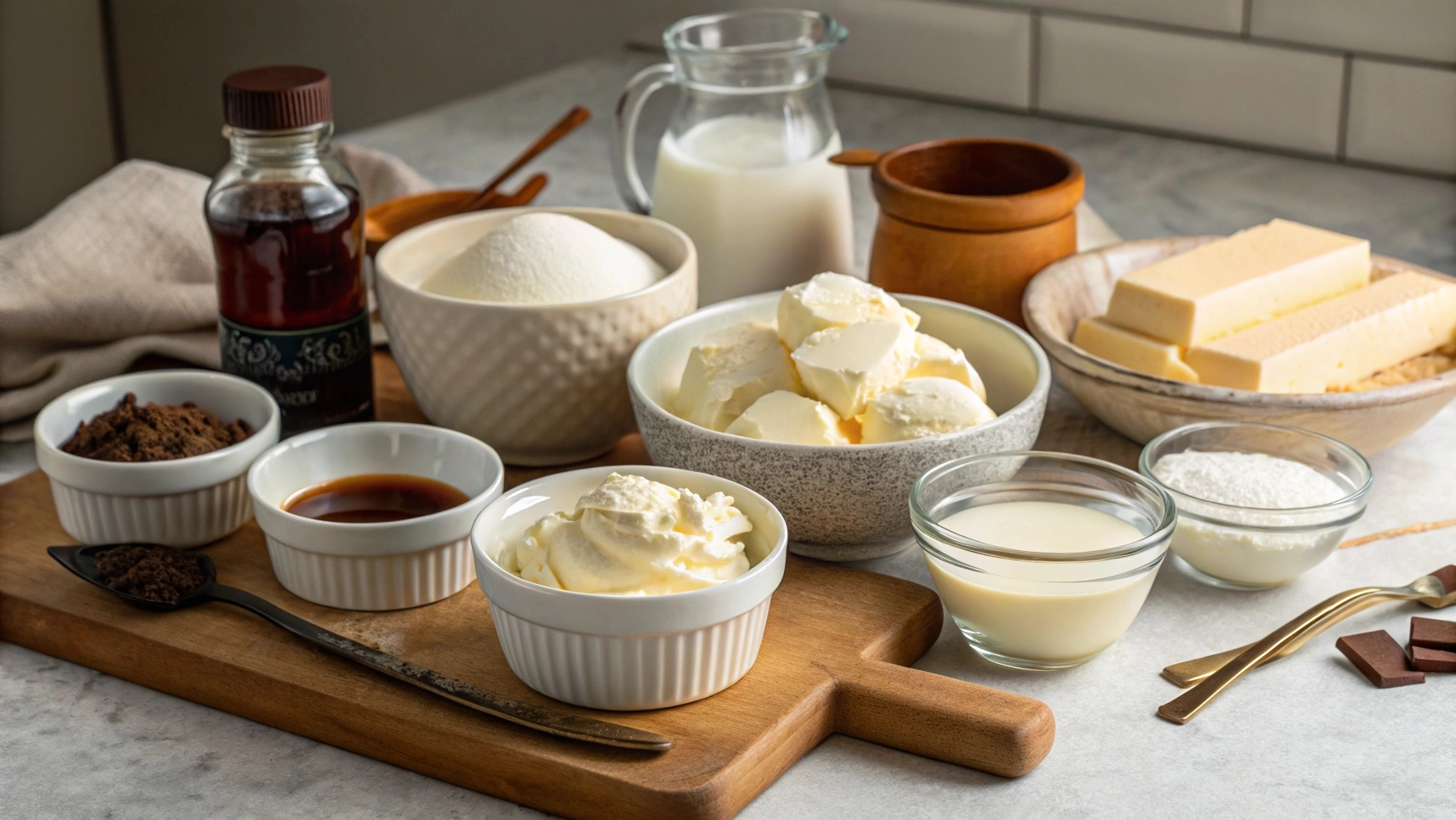 Key ingredients for cheesecake ice cream including cream cheese, heavy cream, sugar, and vanilla extract on a kitchen counter.