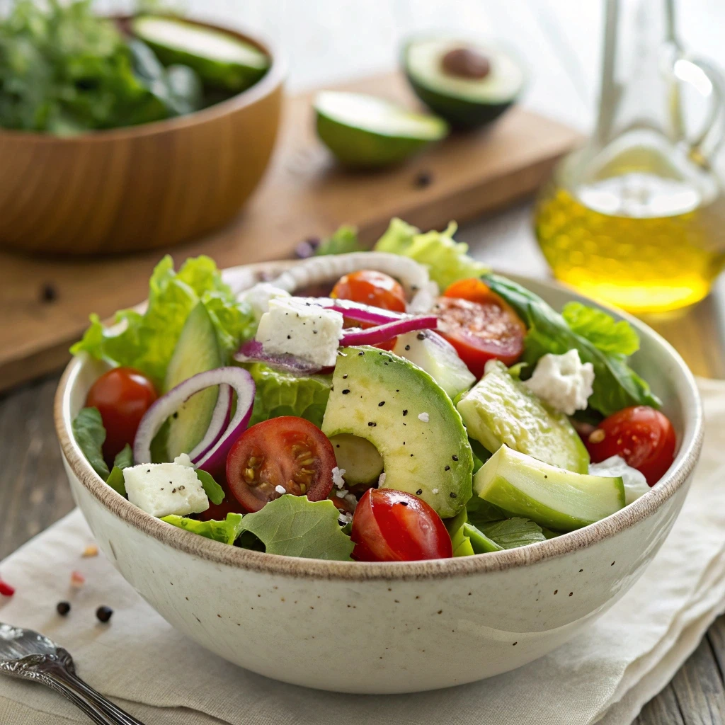 Fresh salad with lettuce, cherry tomatoes, cucumbers, red onions, avocado, and feta cheese, drizzled with balsamic dressing.