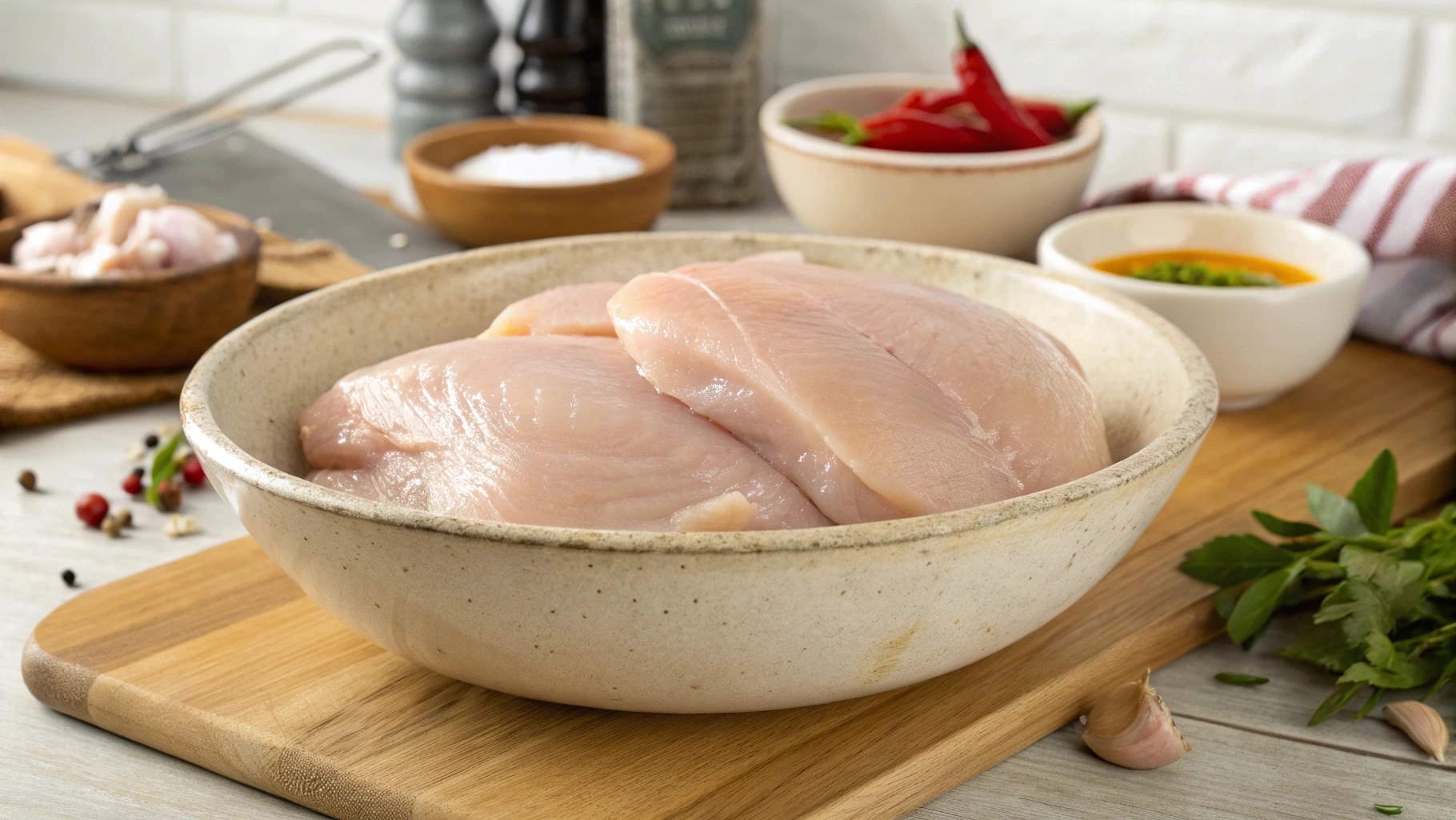 A fresh boneless, skinless chicken breast in a bowl, ready for preparing a chicken cheesesteak.