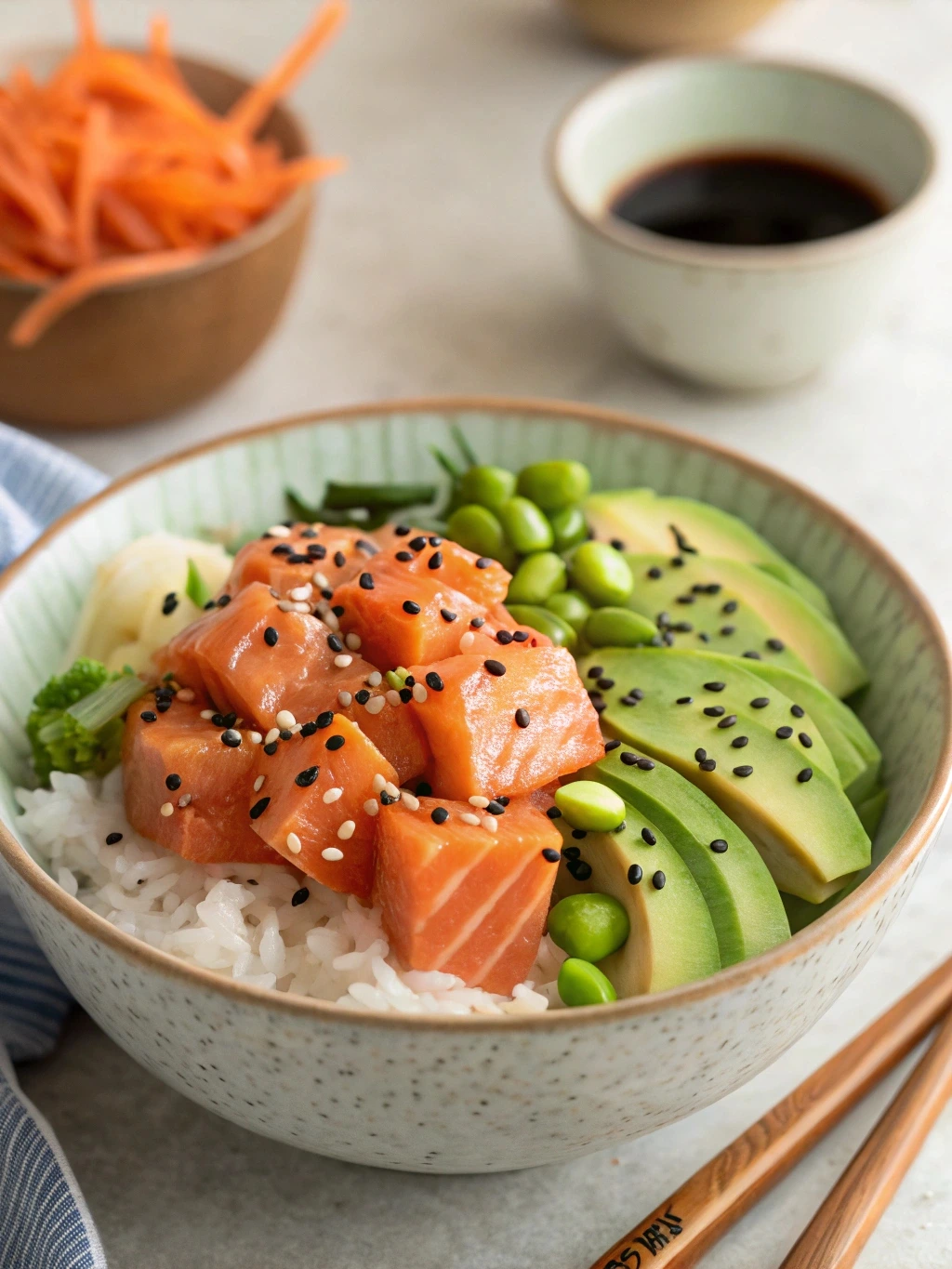 A vibrant and healthy salmon poke bowl made with sushi-grade salmon, avocado slices, thinly sliced red cabbage, cucumber, mango cubes, and red radishes, drizzled with soy sauce and spicy mayo, and garnished with sesame seeds and green onions.