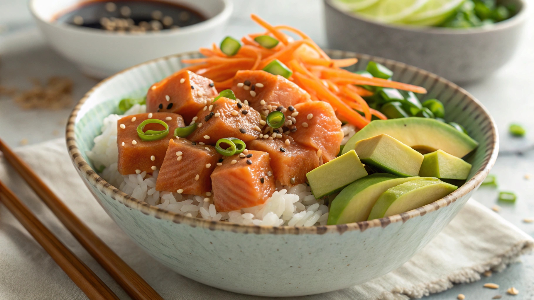 A fresh salmon poke bowl with sushi-grade salmon, avocado, edamame, carrots, and cucumber over sushi rice, drizzled with spicy mayo and soy-based poke sauce, garnished with sesame seeds and green onions.