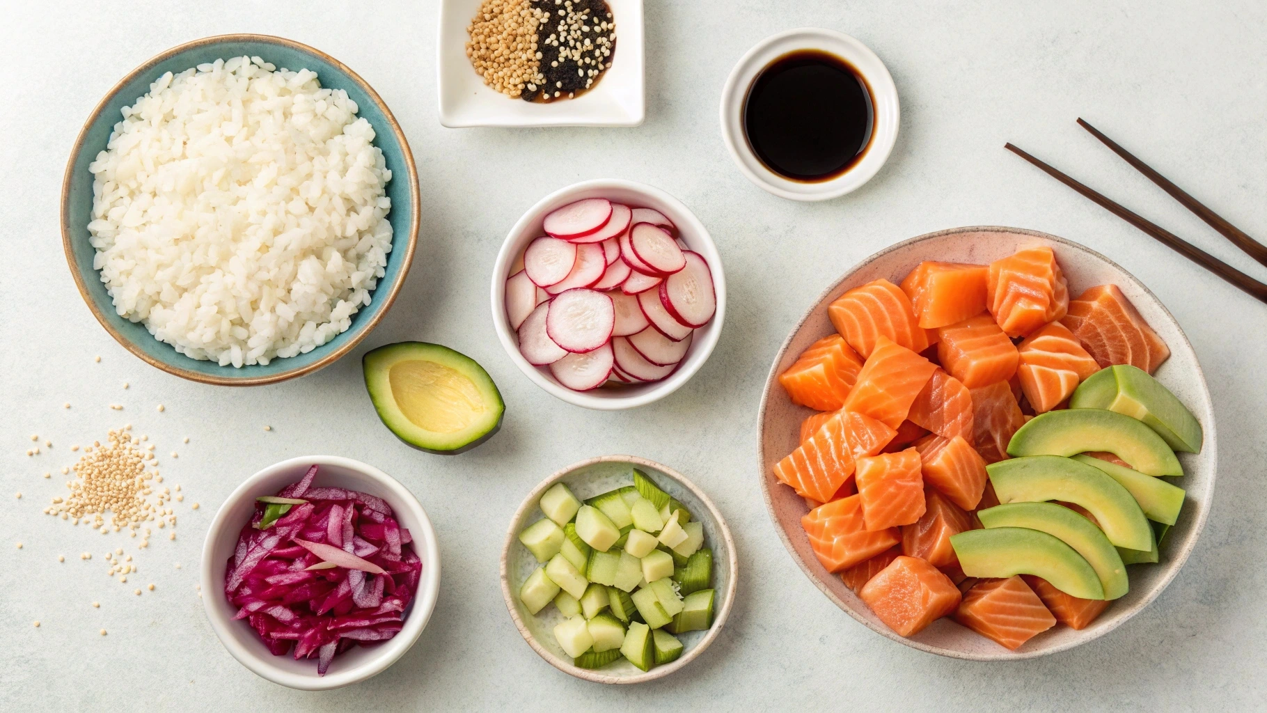 A collection of fresh ingredients for a salmon poke bowl, including sushi rice, fresh sushi-grade salmon cubes, avocado slices, thinly sliced red cabbage, cucumber, mango cubes, red radishes, sesame seeds, soy sauce, and spicy mayo, each displayed separately.
