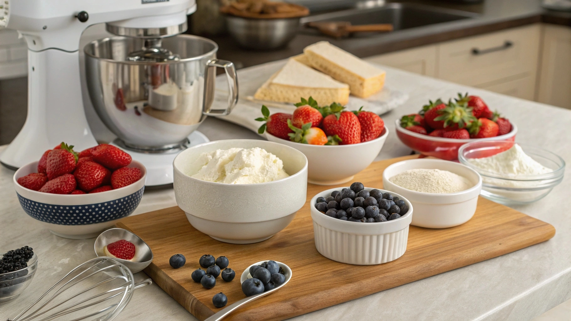 Full-fat cream cheese, sour cream, gelatin, and fresh strawberries arranged on a kitchen counter, with a stand mixer ready for use.
