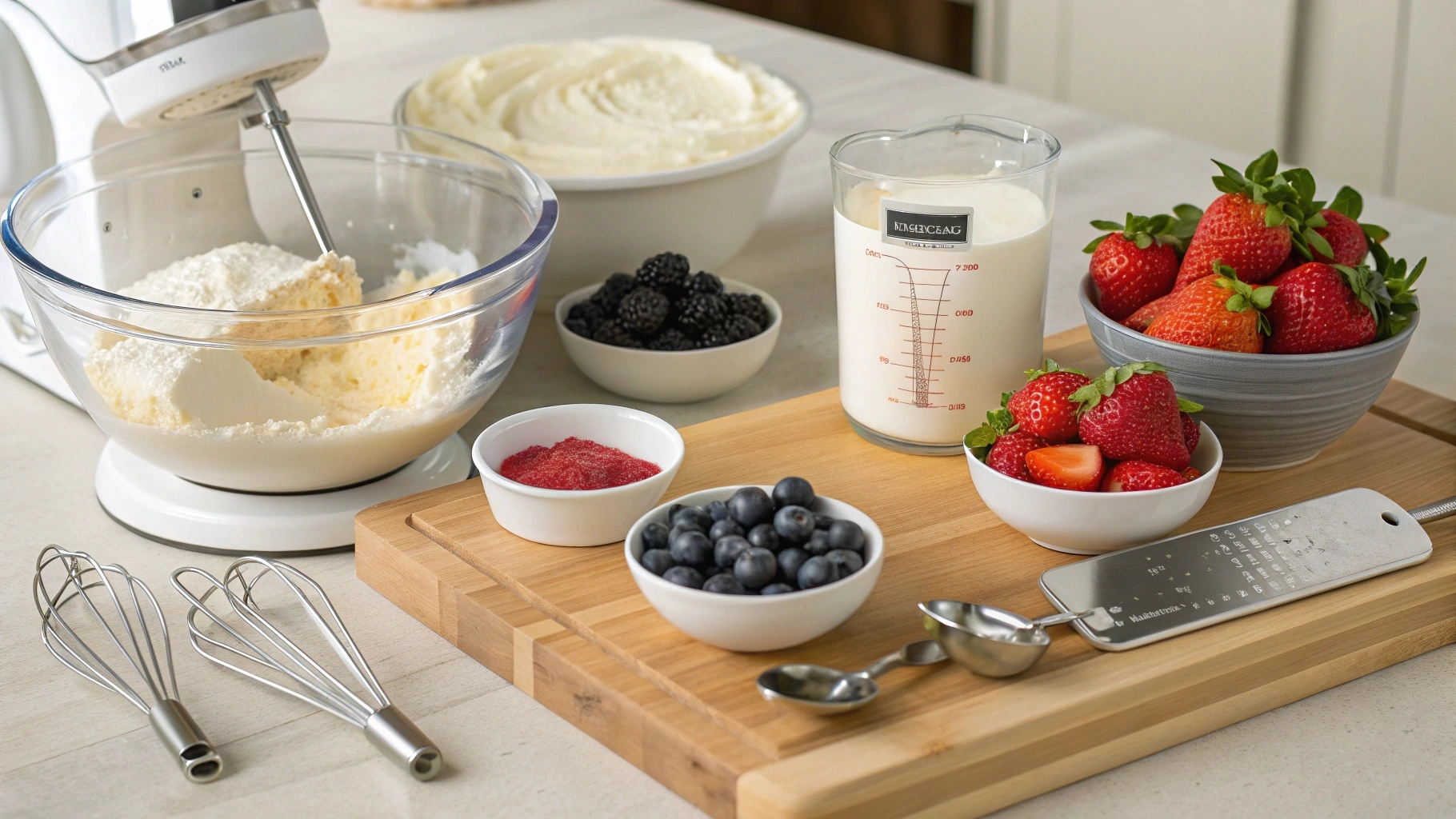 Fresh strawberries, blueberries, and cheesecake ingredients like cream cheese and gelatin on a kitchen counter, ready to be mixed into cheesecake ice cream.