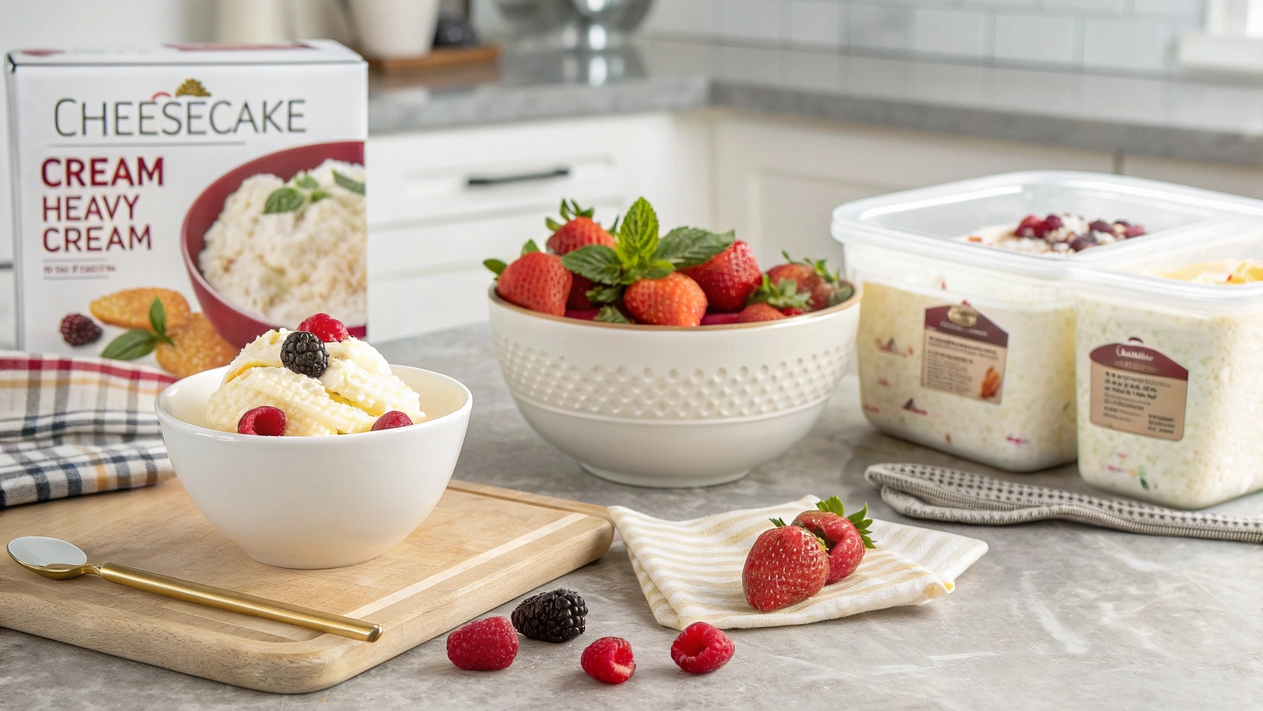 Fresh ingredients for cheesecake ice cream, including cream cheese, heavy cream, and fresh fruit, with a bowl of cheesecake mixture being chilled on a kitchen counter.