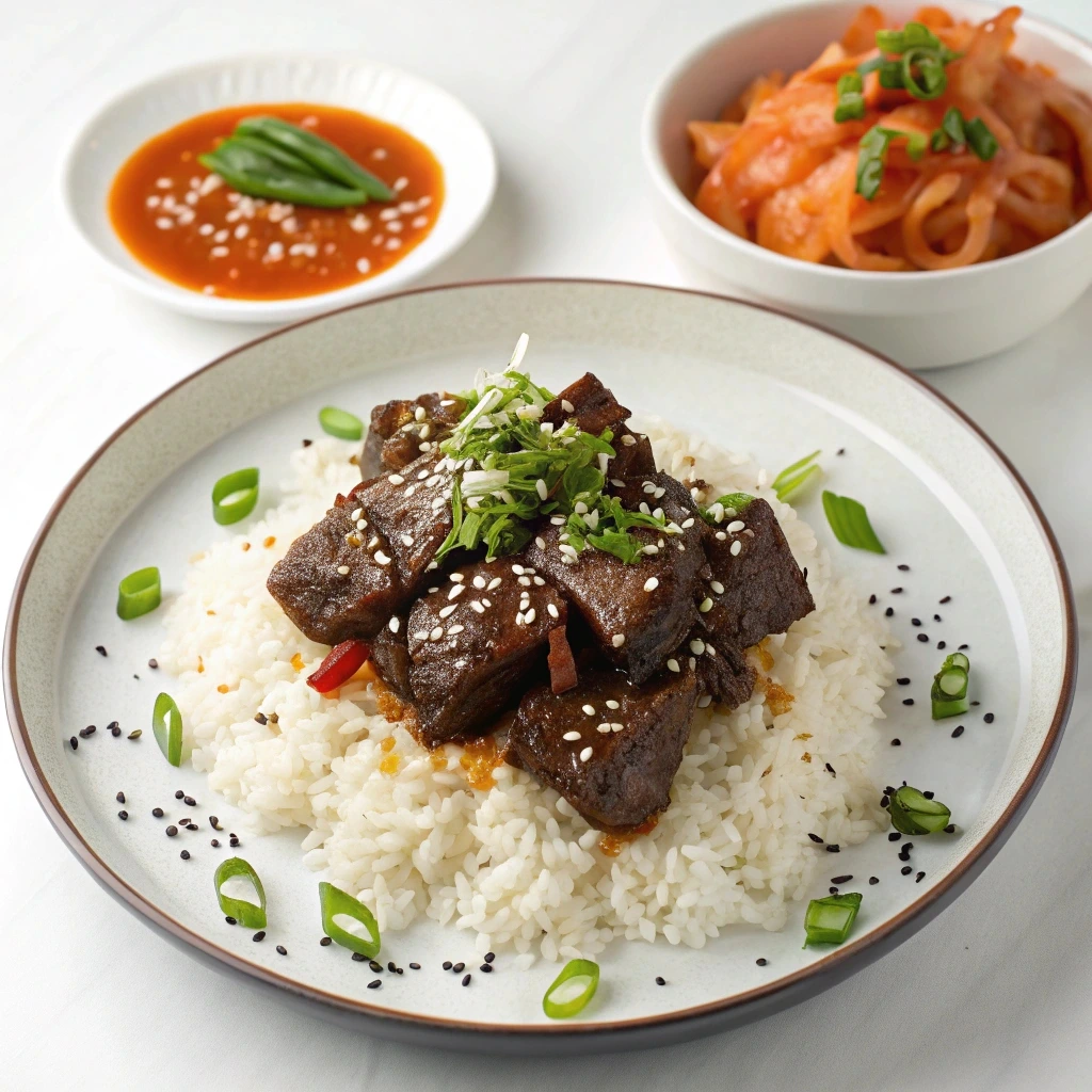 Korean-style boneless beef short ribs on steamed rice, topped with sesame seeds, chopped green onions, and a side of kimchi.