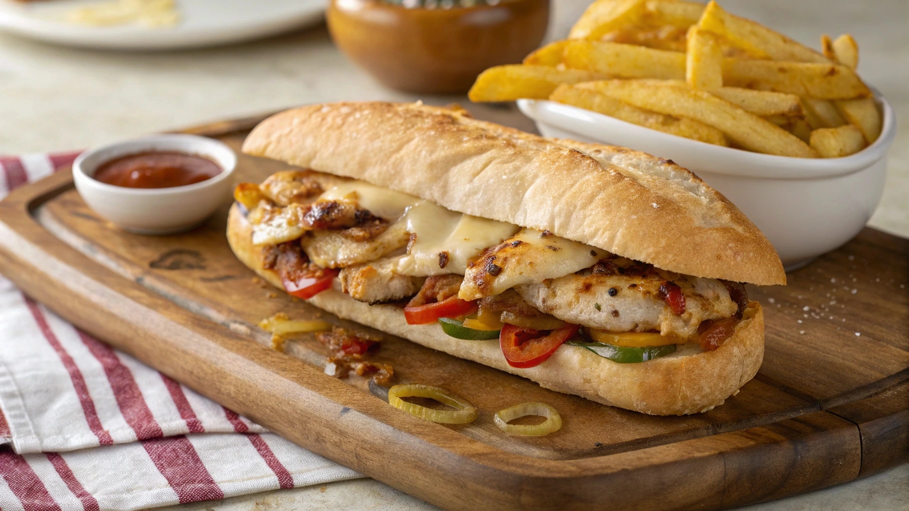 A Chicken Steak and Cheese Sandwich on a toasted hoagie roll, filled with juicy chicken steak, melted cheese, sautéed onions, and bell peppers, served with crispy fries and dipping sauce.
