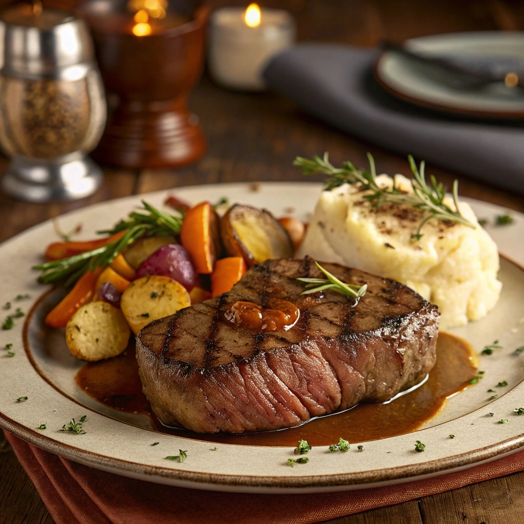 Juicy beef steak served with roasted vegetables, mashed potatoes, and savory sauce.