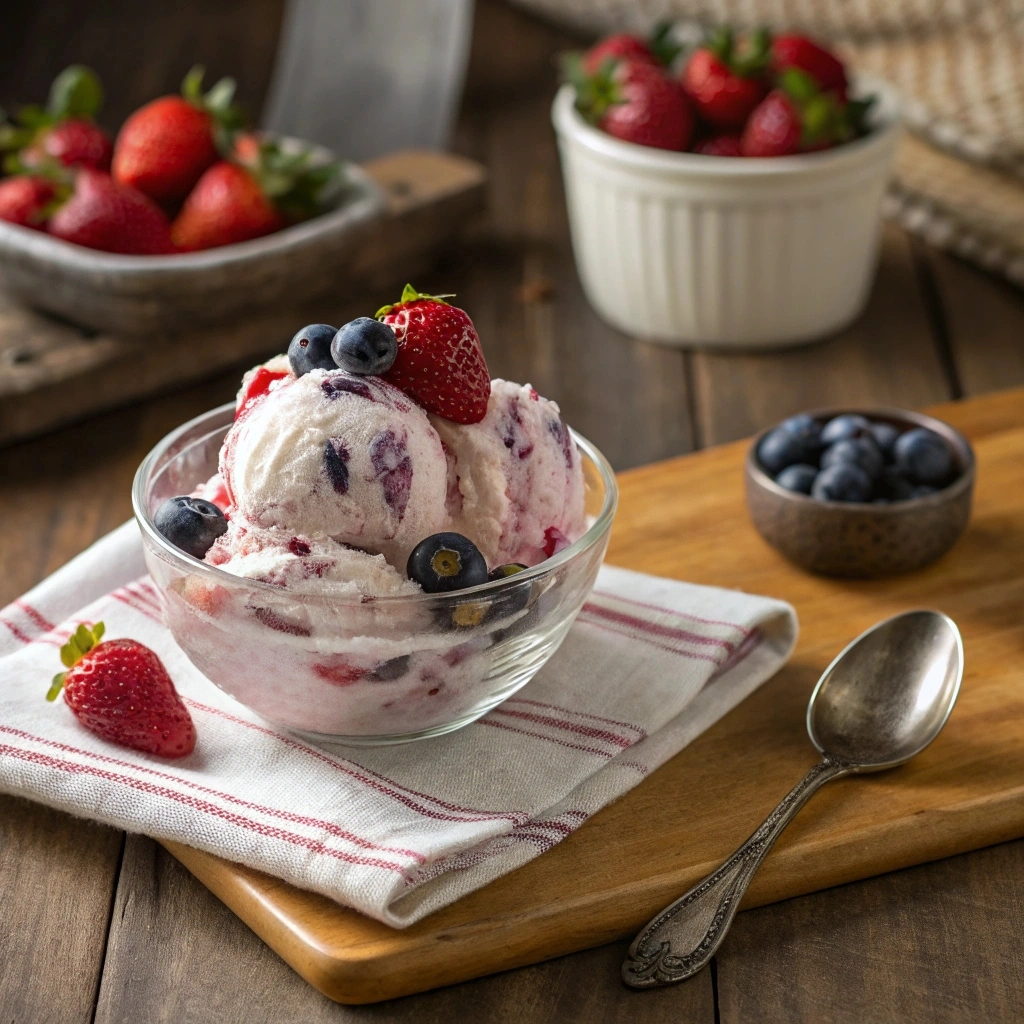 A scoop of strawberry and blueberry cheesecake ice cream in a clear bowl, topped with fresh fruit, placed on a wooden table.
