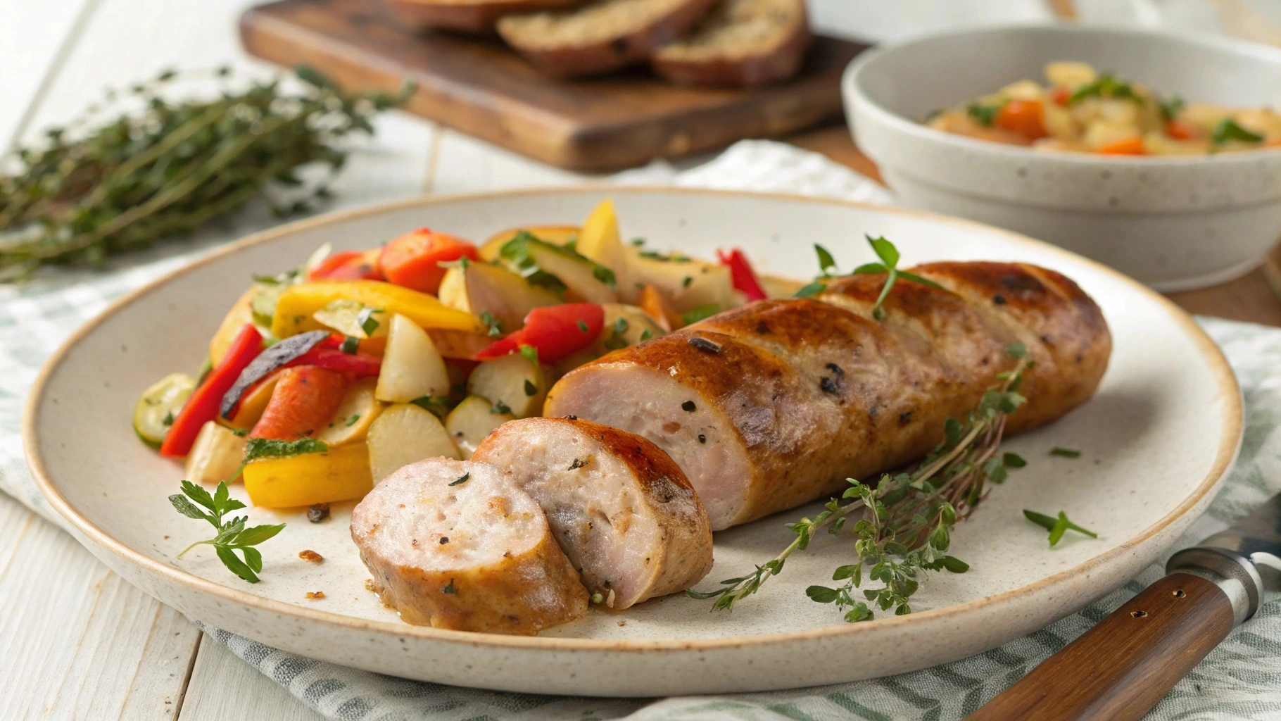Homemade chicken apple sausage slices on a plate with sautéed vegetables and fresh herbs.