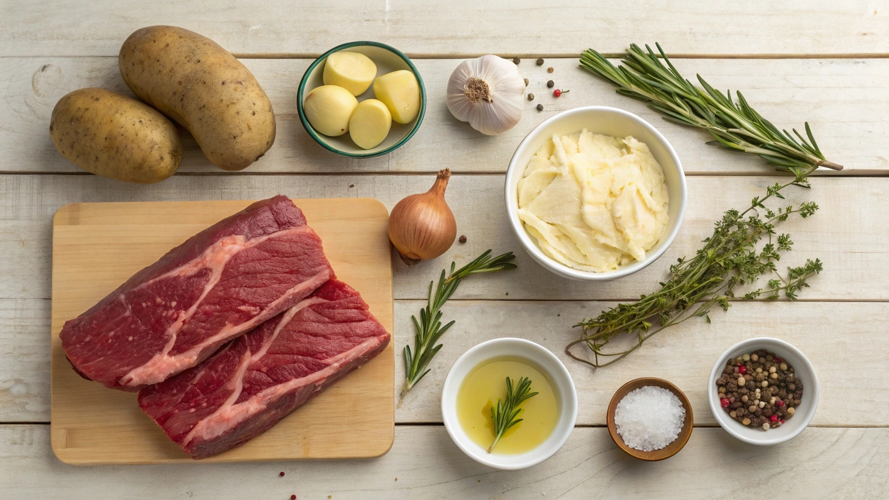 Fresh boneless beef short ribs, potatoes, garlic, onions, carrots, herbs, and other ingredients arranged on a wooden countertop, ready for cooking.