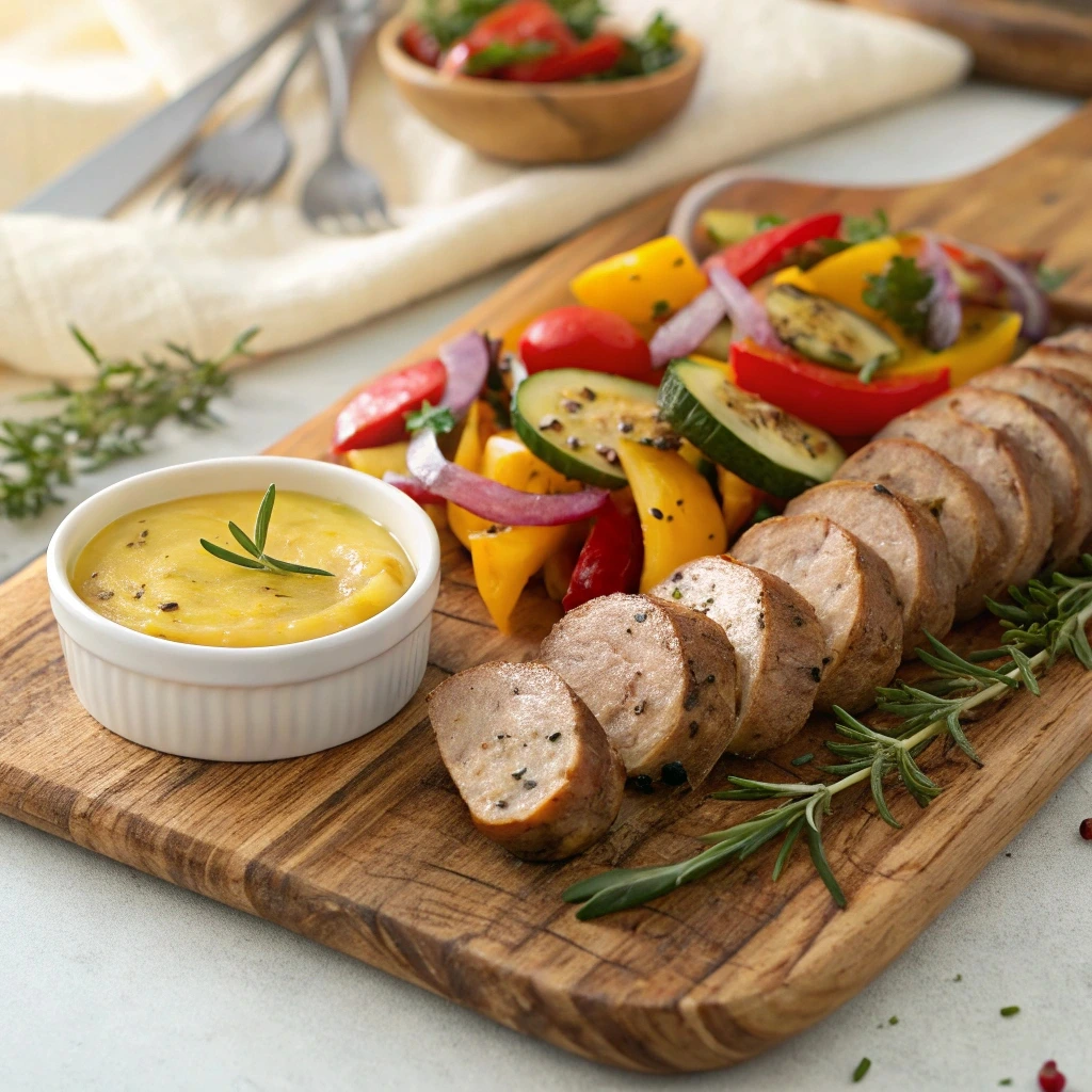 Sliced homemade chicken apple sausage served on a rustic wooden board with sautéed vegetables and a bowl of mustard.
