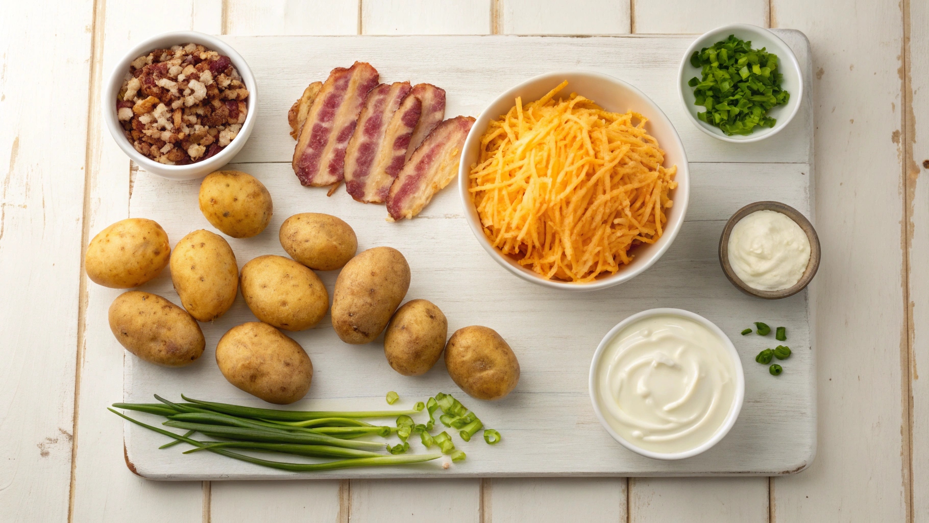 Essential ingredients for Loaded Baked Potato Salad: small raw potatoes, uncooked bacon strips, shredded cheddar cheese, green onions, and creamy dressing.