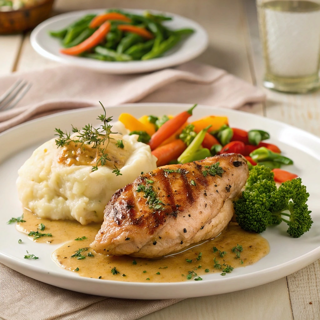 Grilled chicken breast with steamed vegetables, mashed potatoes, and a tangy sauce.
