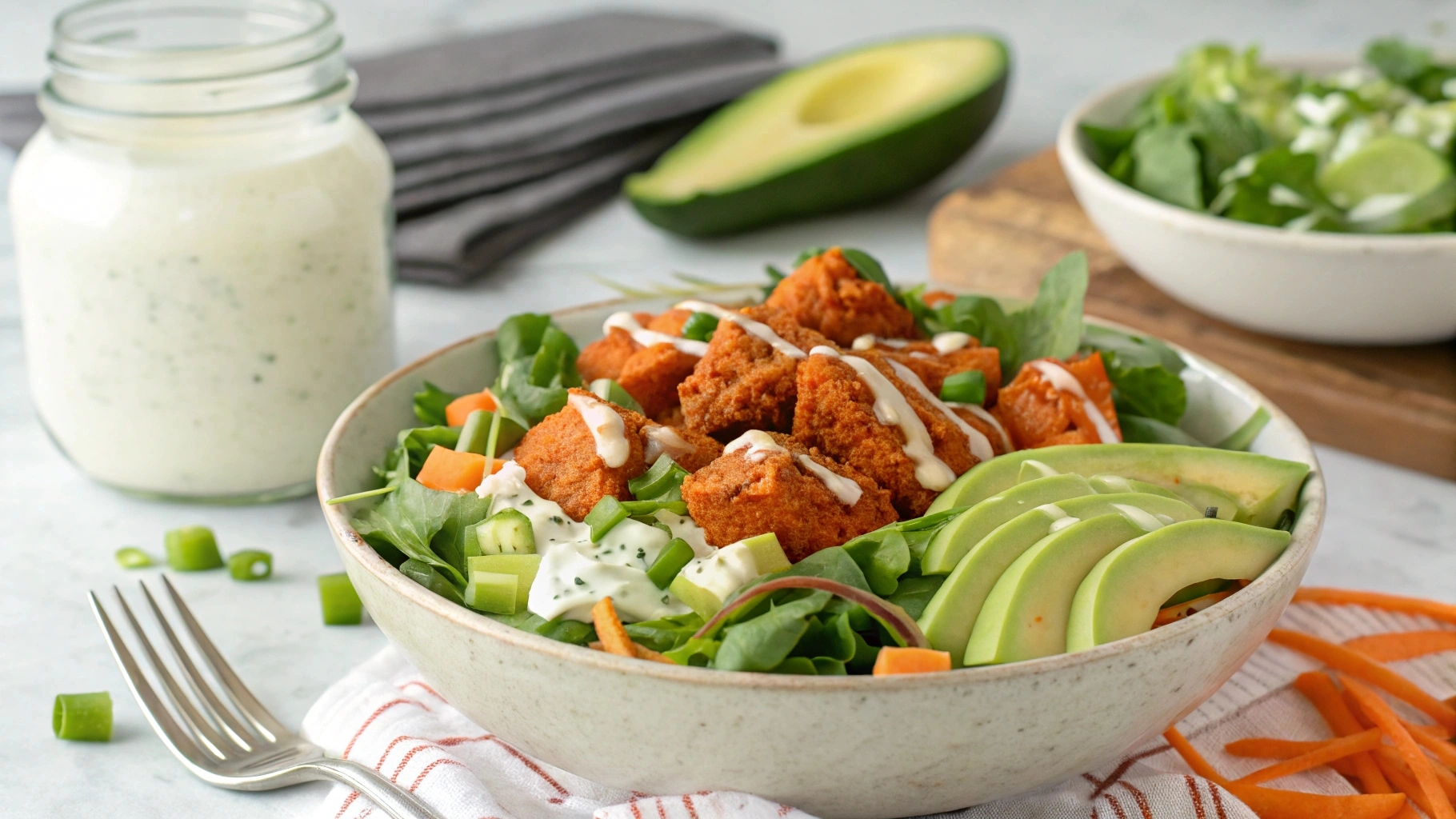 A vibrant Buffalo Chicken Salad with mixed greens, spicy buffalo chicken, celery, green onions, avocado, and shredded carrots, topped with ranch dressing.