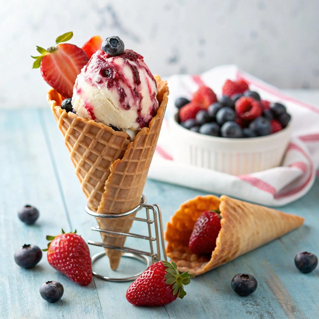 Waffle cone filled with strawberry and blueberry cheesecake ice cream, topped with fresh fruit compote.