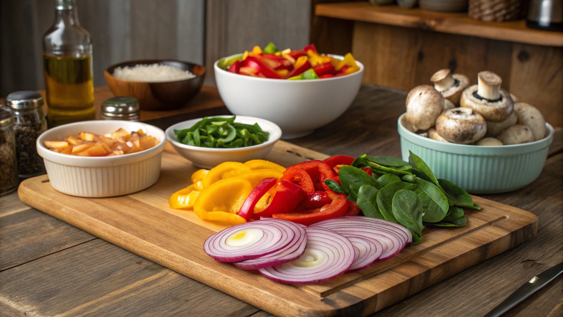 Fresh vegetables including onions, bell peppers, jalapeños, roasted red peppers, mushrooms, spinach, and pickled vegetables, ready for a chicken cheesesteak.